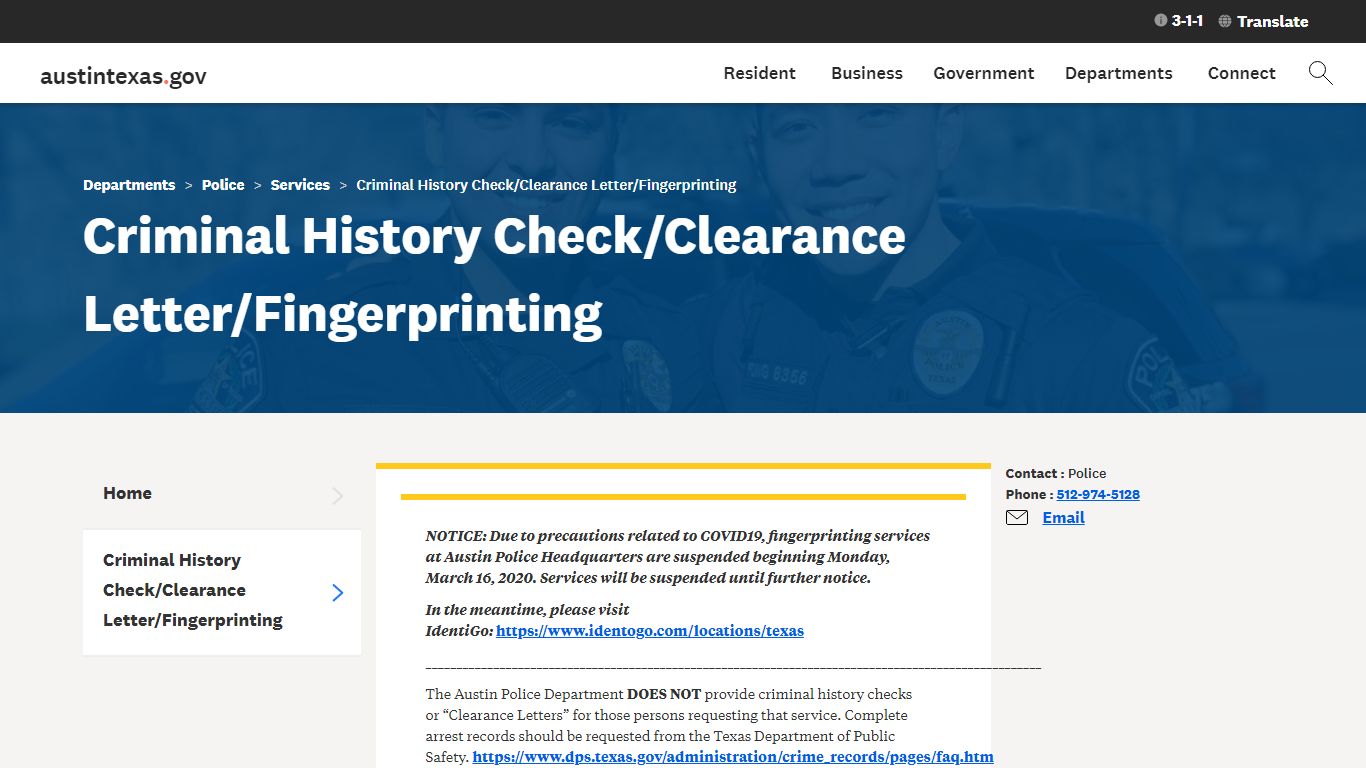Criminal History Check/Clearance Letter/Fingerprinting